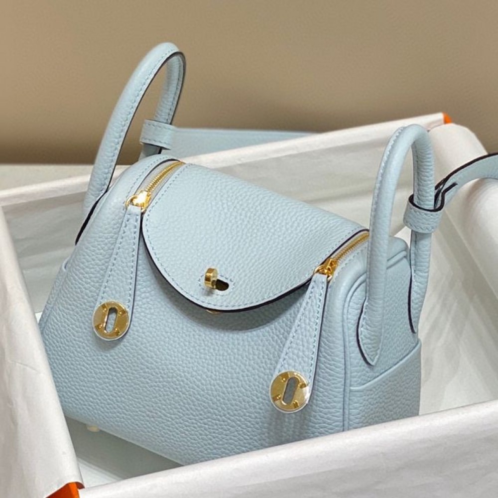 High Quality Replica Hermes Lindy Mini Bag In Blue Brume Clemence Leather GHW $ 349 USD